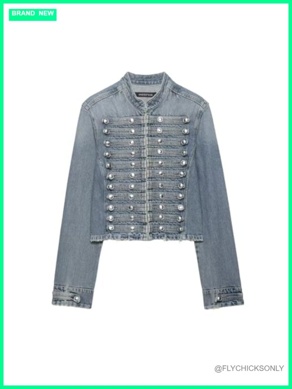 Women's Cropped Fitted Denim Jacket Military Band Collar Hook Closure